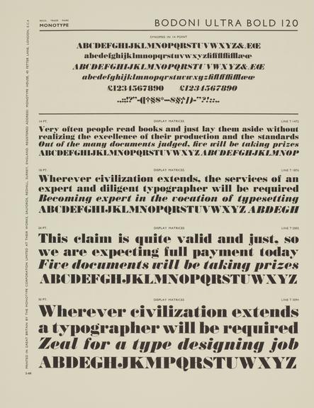 Specimen sheet for Bodoni Ultra Bold (series number: 120)