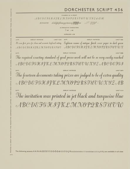 Specimen sheet for Dorchester Script (series number: 436)