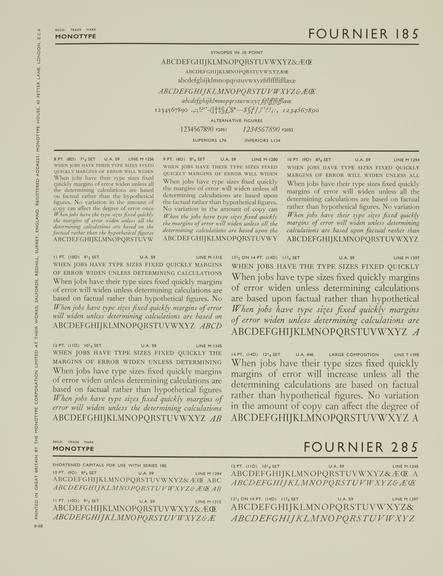 Specimen sheet for Fournier (series number: 185) and Fournier Shortened Capitals (series number: 285)