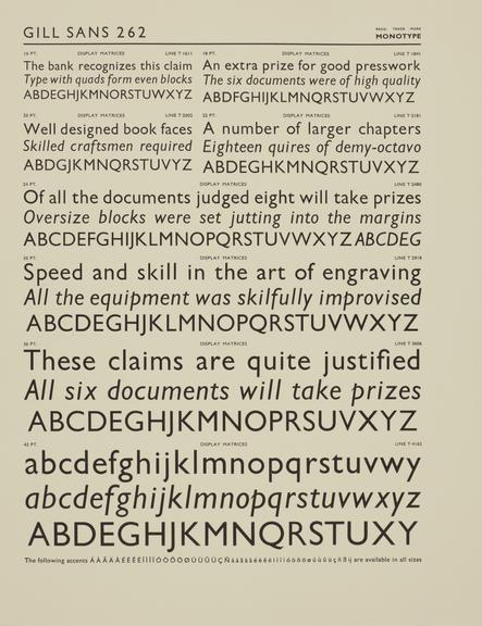 Specimen sheet for Gill Sans (series number: 262)