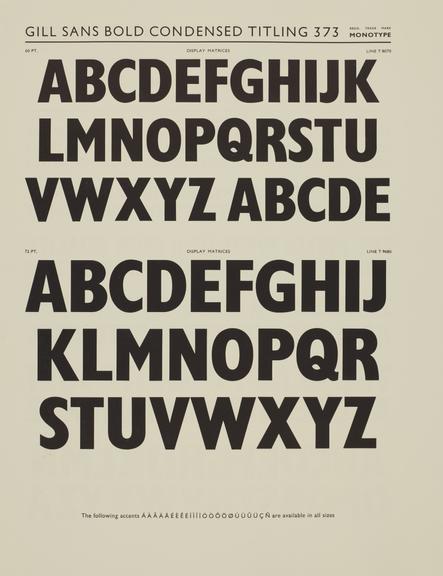 Specimen sheet for Gill Sans Bold Condensed Titling (series number: 373)