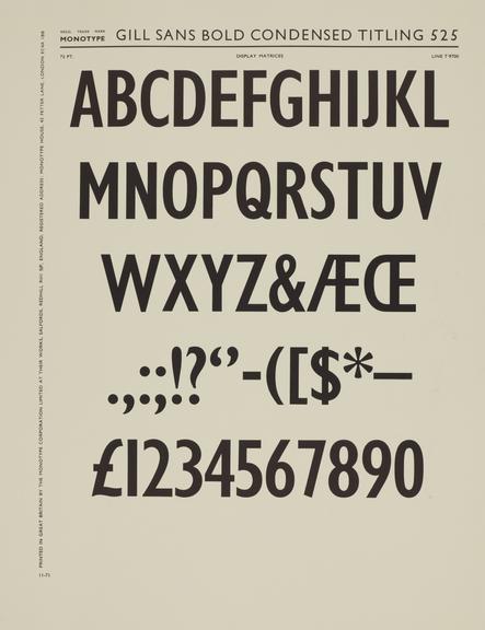 Specimen sheet for Gill Sans Bold Condensed Titling (series number: 525)