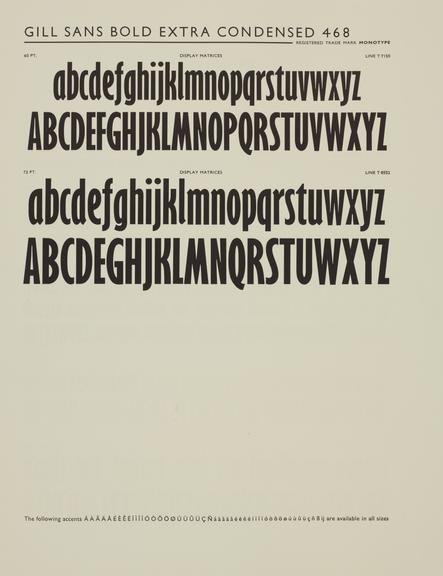 Specimen sheet for Gill Sans Bold Extra Condensed (series number: 468)