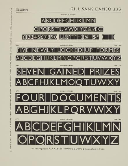 Specimen sheet for Gill Sans Cameo (series number: 233)