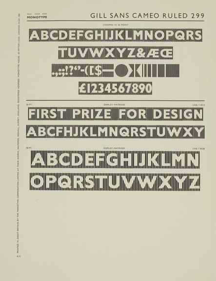 Specimen sheet for Gill Sans Cameo Ruled (series number: 299)