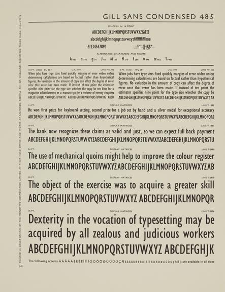 Specimen sheet for Gill Sans Condensed (series number: 485)