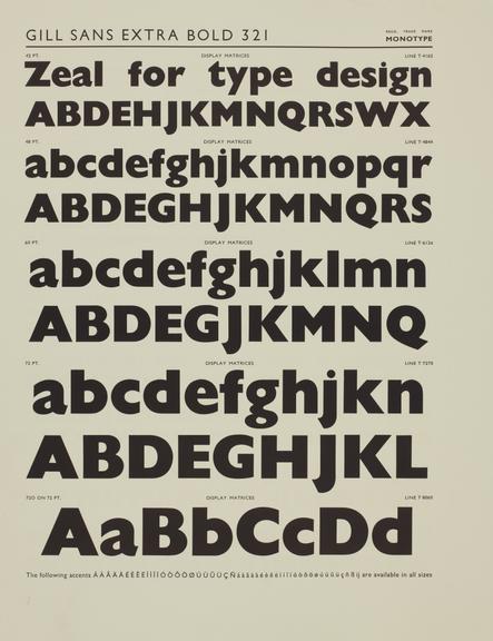 Specimen sheet for Gill Sans Extra Bold (series number: 321)