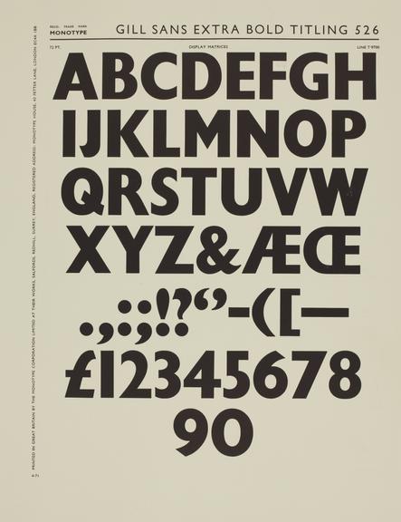 Specimen sheet for Gill Sans Extra Bold Titling (series number: 526)