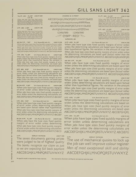 Specimen sheet for Gill Sans Light (series number: 362)