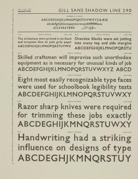 Specimen sheet for Gill Sans Shadow Line (series number: 290)