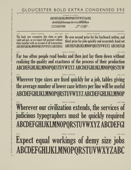 Specimen sheet for Gloucester Bold Extra Condensed (series number: 395)