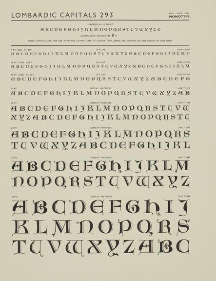 Specimen sheet for Lombardic Capitals (series number: 293)