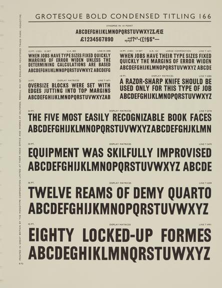 Specimen sheet for Grotesque Bold Condensed Titling (series number: 166)