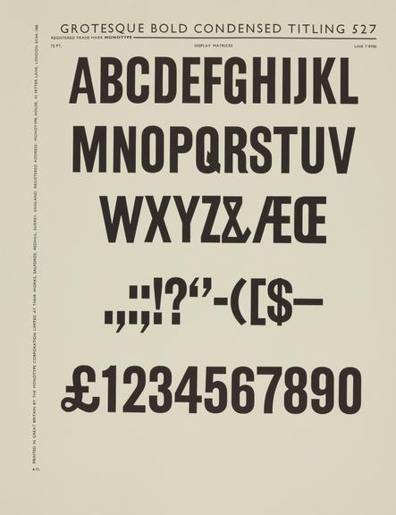 Specimen sheet for Grotesque Bold Condensed Titling (series number: 527)