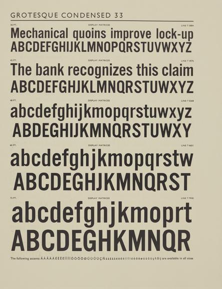 Specimen sheet for Grotesque Condensed (series number: 33)