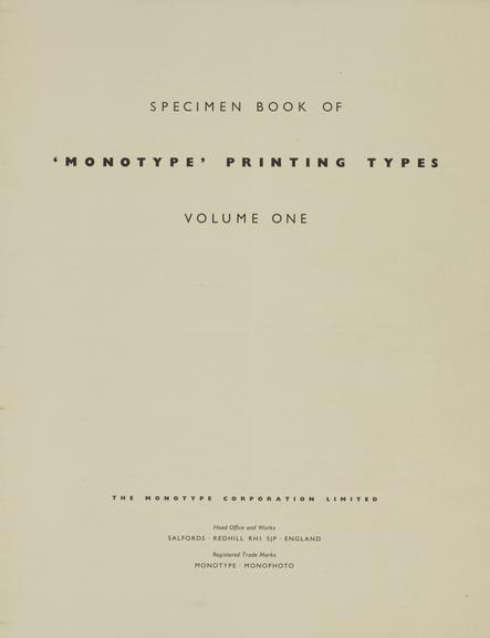 Front page of "Specimen Book of 'Monotype' Printing Type"