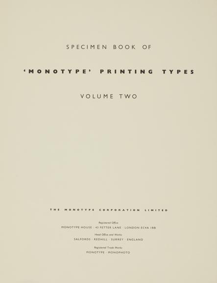 Front page of "Specimen Book of 'Monotype' Printing Type" volume two