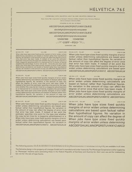 Specimen sheet for Helvetica (series number: 765)