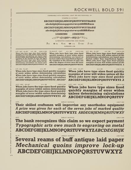 Specimen sheet for Rockwell Bold (series number: 391)