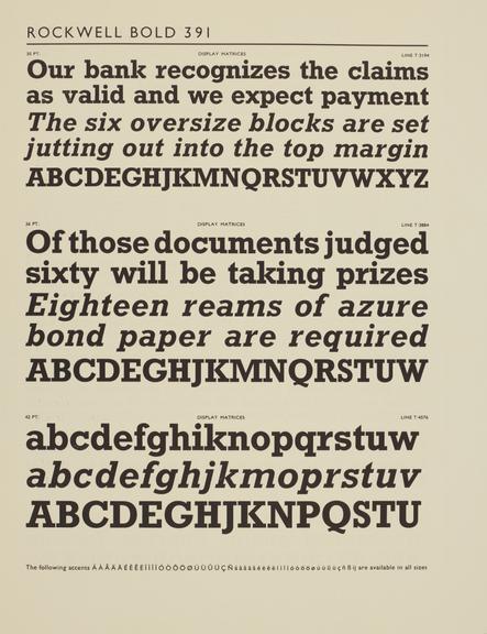 Specimen sheet for Rockwell Bold (series number: 391)