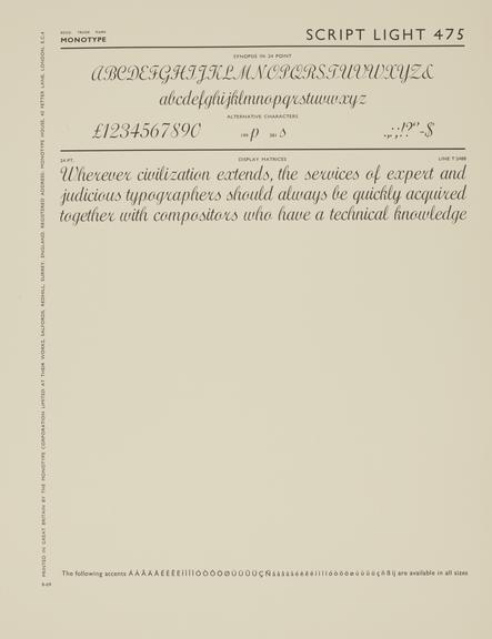 Specimen sheet for Script Light (series number: 475)