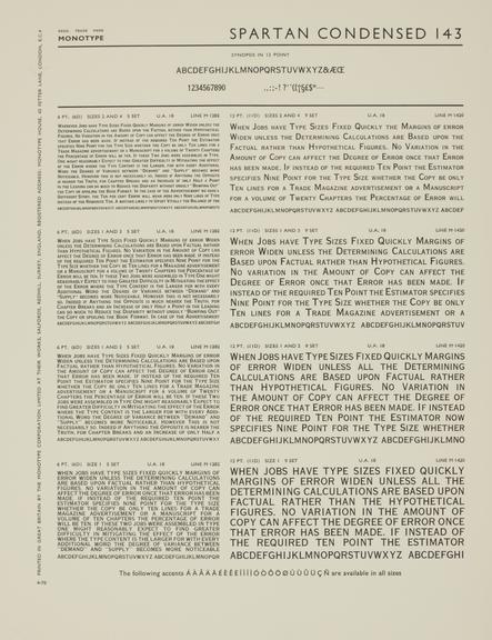 Specimen sheet for Spartan Condensed (series number: 143)