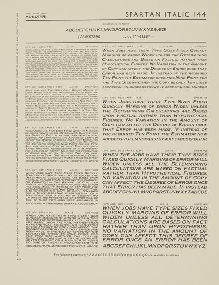 Specimen sheet for Spartan Italic (series number: 144)