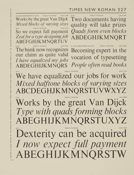 Specimen sheet for Times New Roman (series number: 327)