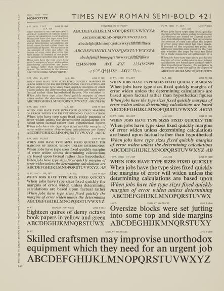 Specimen sheet for Times New Roman Semi-Bold (series number: 421)