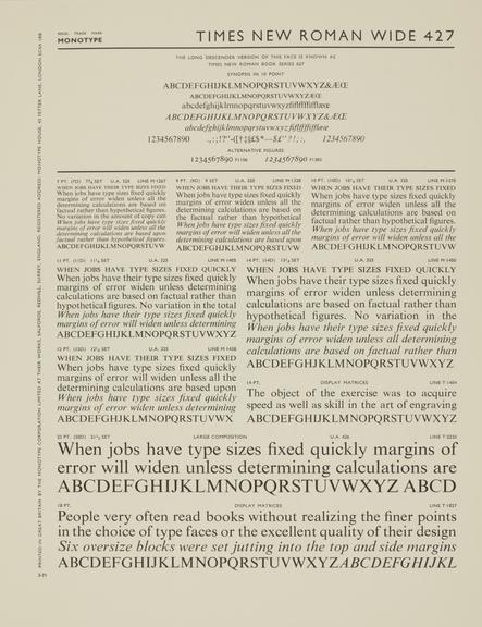 Specimen sheet for Times New Roman Wide (series number: 427)