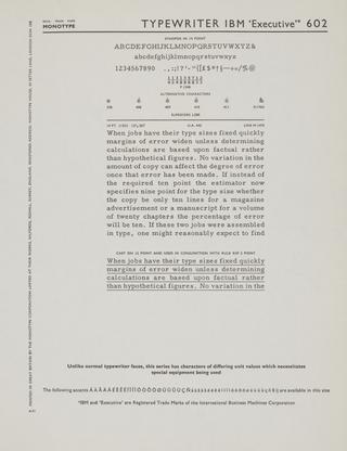 Specimen sheet for Typewriter IBM "Executive'' (series number: 602)