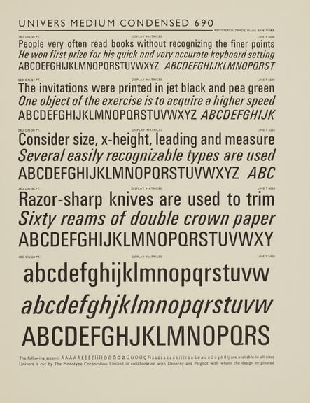 Specimen sheet for Univers Medium Condensed (series number: 690)