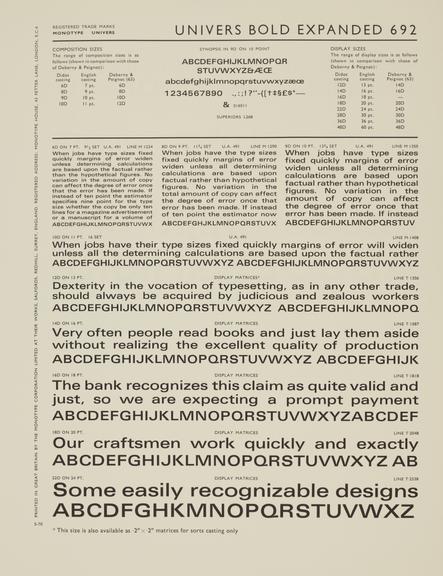 Specimen sheet for Univers Bold Expanded (series number: 692)