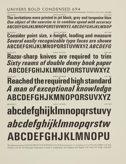 Specimen sheet for Univers Bold Condensed (series number: 694)