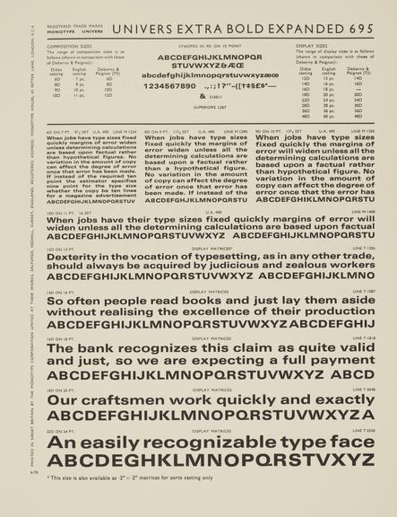 Specimen sheet for Univers Bold Condensed (series number: 694)