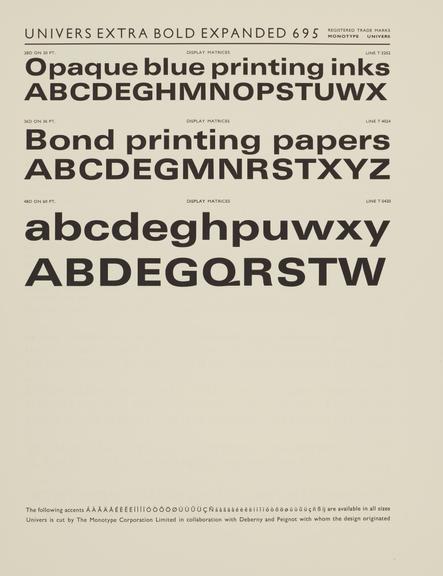 Specimen sheet for Univers Extra Bold Expanded (series number: 695)