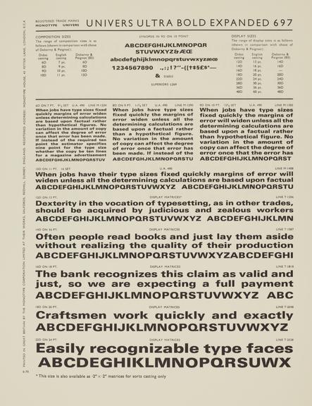 Specimen sheet for Univers Extra Bold (series number: 696)