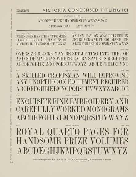 Specimen sheet for Victoria Bold Condensed Titling (series number: 180)