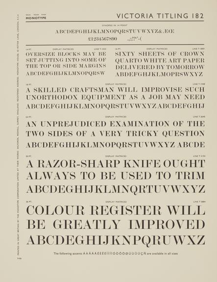 Specimen sheet for Victoria Condensed Titling (series number: 181)