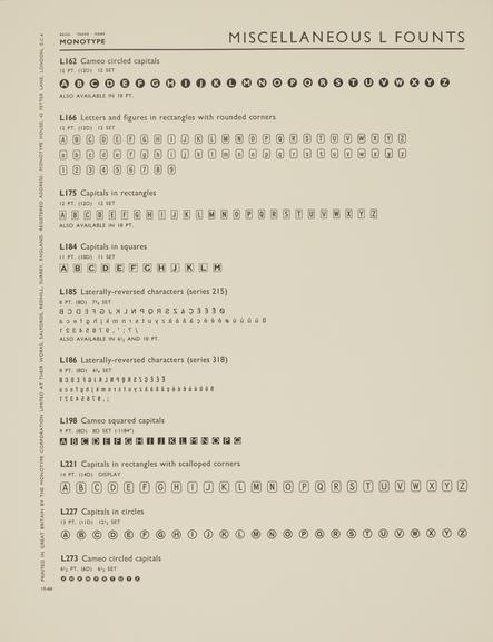 Specimen sheet for Greek upright superiors (series number: L238), Greek inclined superiors (series number: L240), Greek upright inferiors (series number: L239), Greek inclined inferiors (series number: L241) and Horizontal Cancellations (series number: L270)