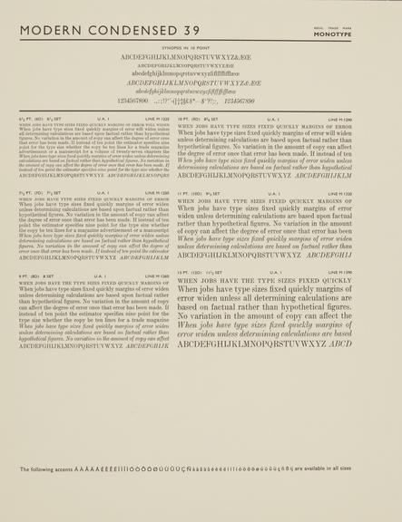 Specimen sheet for Modern Condensed (series number: 39)