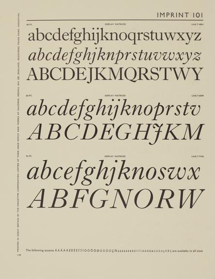 Specimen sheet for Imprint (series number: 101)