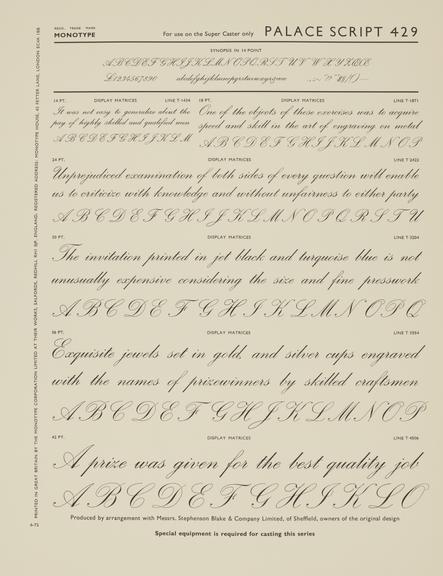 Specimen sheet for Palace Script (series number: 429)