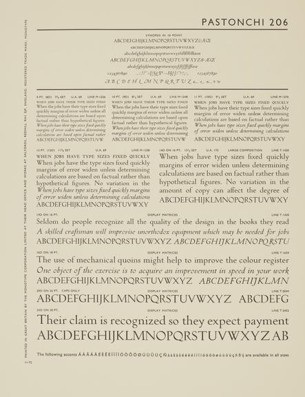 Specimen sheet for Pastonchi (series number: 206)