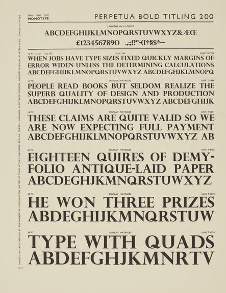 Specimen sheet for Perpetua Bold Titling (series number: 200)