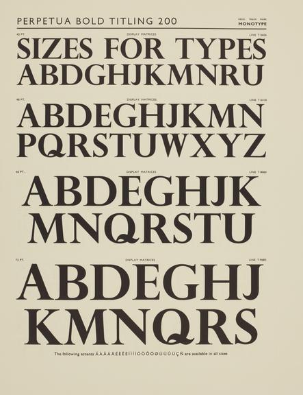 Specimen sheet for Perpetua Bold Titling (series number: 200)