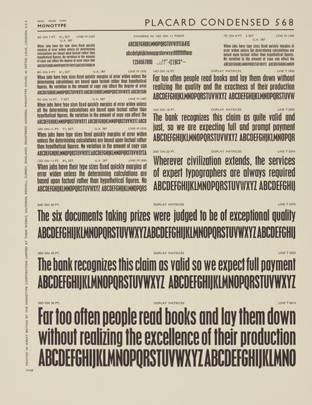 Specimen sheet for Placard Condensed (series number: 568)