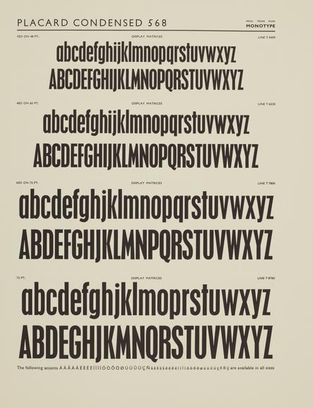 Specimen sheet for Placard Condensed (series number: 568)