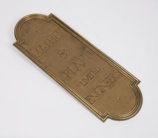 Brass plate inscribed 'Park House Mather & Platt Limited Engineers'