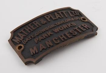 Brass maker's name plate, Mather & Platt Ltd